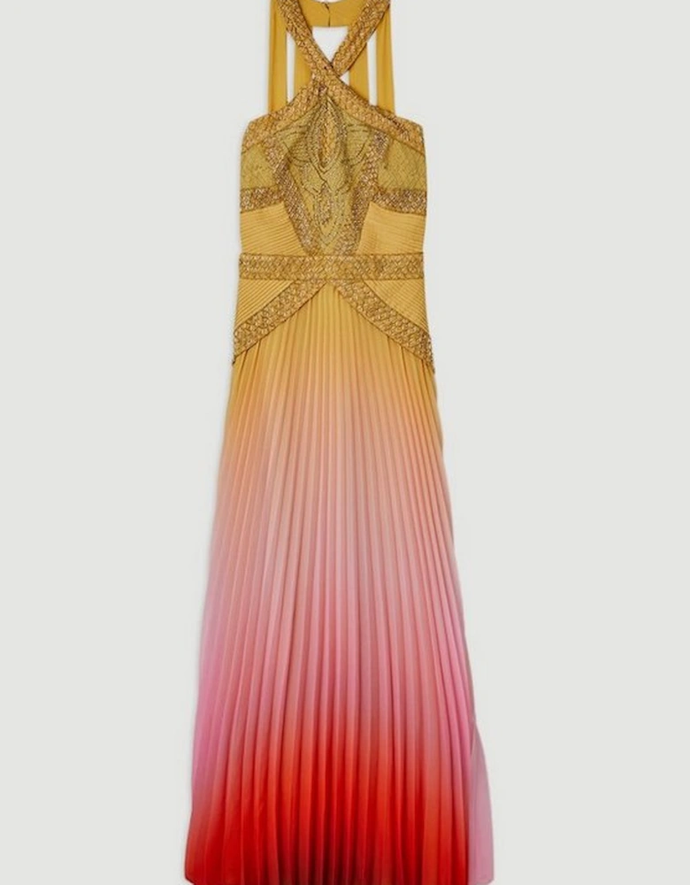 Geo Embellished Ombre Pleated Woven Maxi Dress