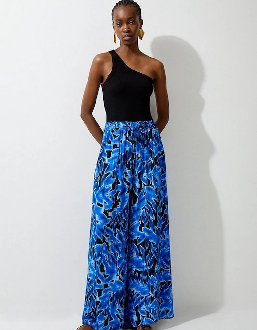 Blue Leaf Printed Woven Viscose Wide Leg Trousers, 5 of 4