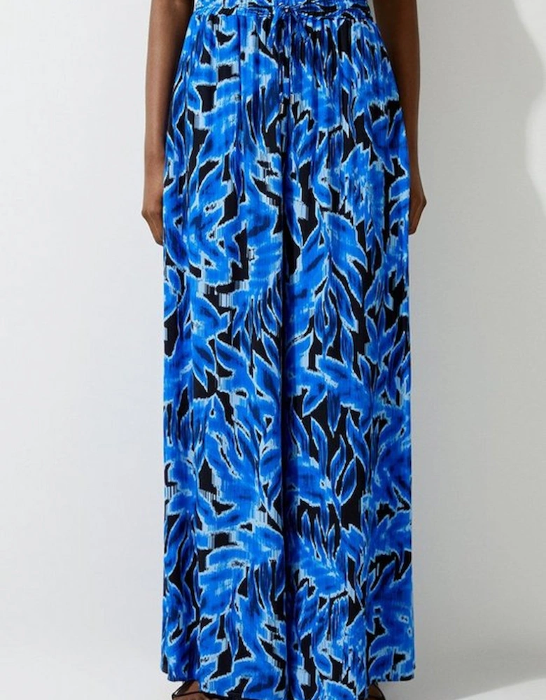 Blue Leaf Printed Woven Viscose Wide Leg Trousers