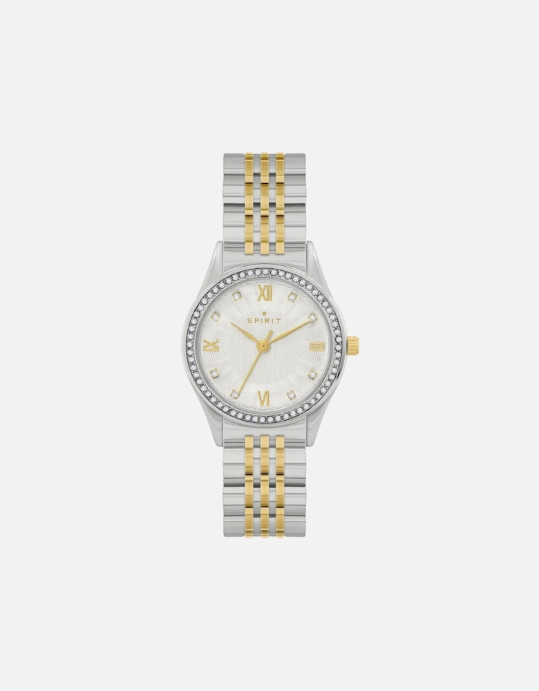 Ladies Polished Pale Gold & Silver Stone Bezel Bracelet Watch