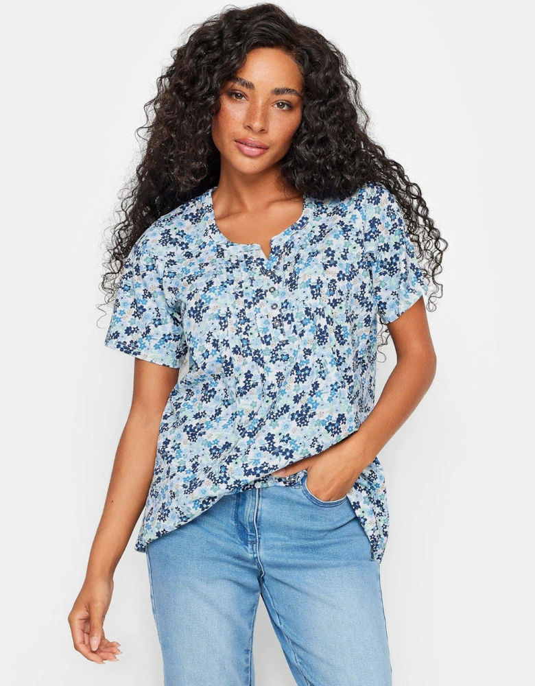 Petite Blue Floral Short Sleeve Cotton Henley T Shirt