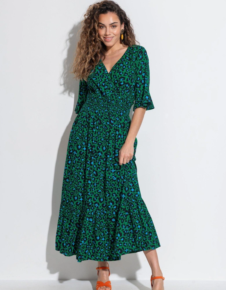 Carmen Short Sleeve Elasticated Neckline Midaxi Dress with LENZING™ ECOVERO™ Viscose - Green