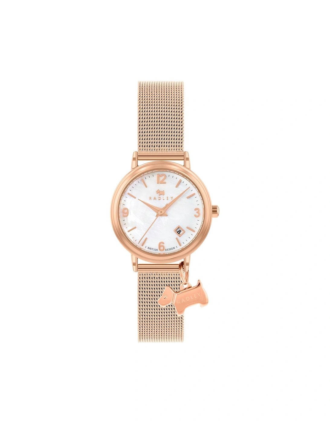 Ladies Rose Gold Plated Mesh Bracelet with Dog Charm Watch, 2 of 1