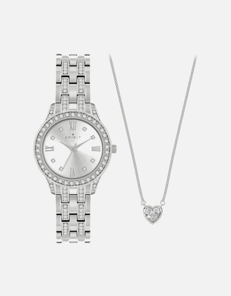 Ladies Polished Silver Bracelet Watch & Heart-Shaped Stone Chain Necklace Set