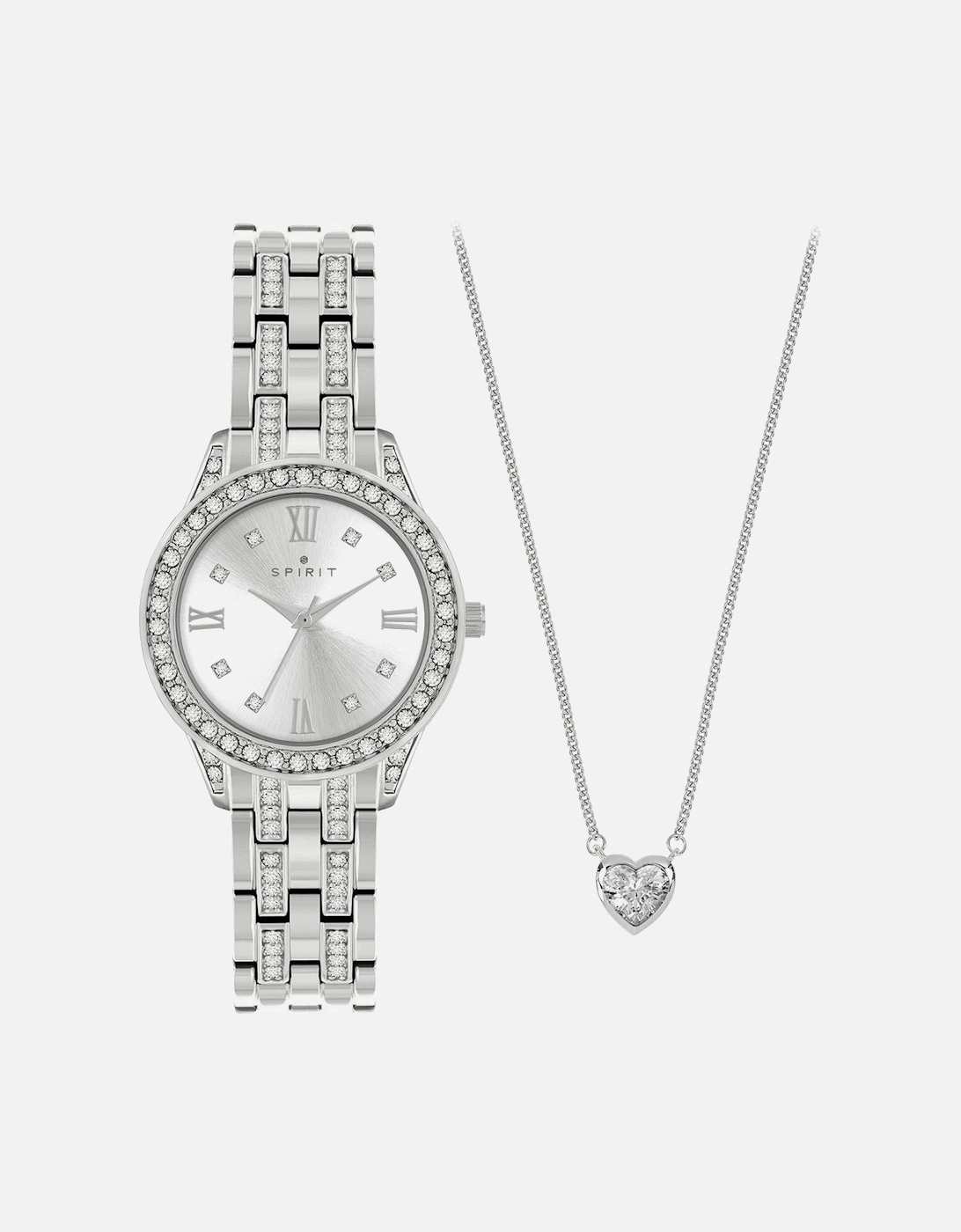 Ladies Polished Silver Bracelet Watch & Heart-Shaped Stone Chain Necklace Set, 2 of 1