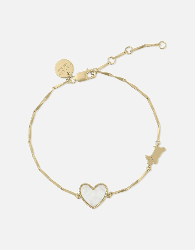 18ct Gold Plated Sterling Silver Genuine Mother of Pearl Heart & Jumping Dog Bracelet