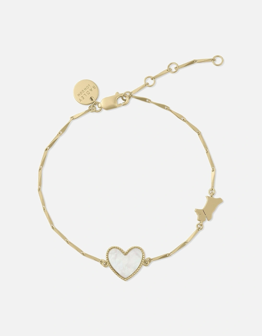 18ct Gold Plated Sterling Silver Genuine Mother of Pearl Heart & Jumping Dog Bracelet, 2 of 1