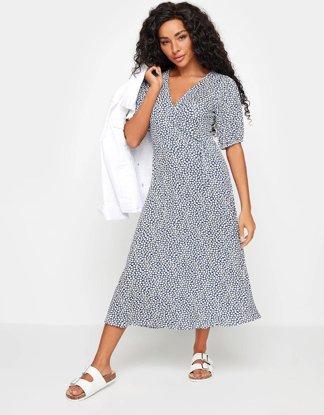 Petite Blue Ditsy Maxi Wrap Front Dress, 2 of 1