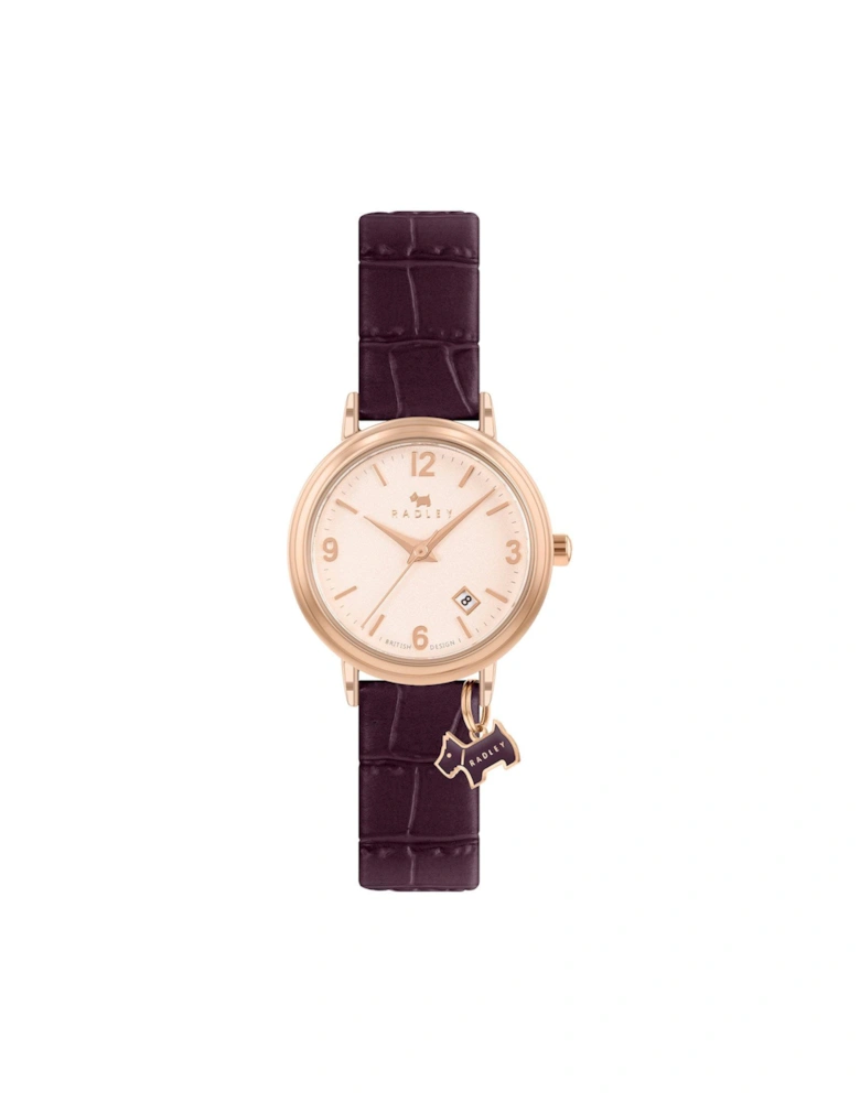 Ladies Aubergine Stepped Bezel Rose Gold Plated Strap Watch