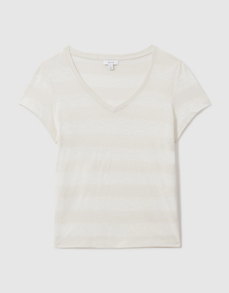 Linen-Cotton Striped V-Neck T-Shirt