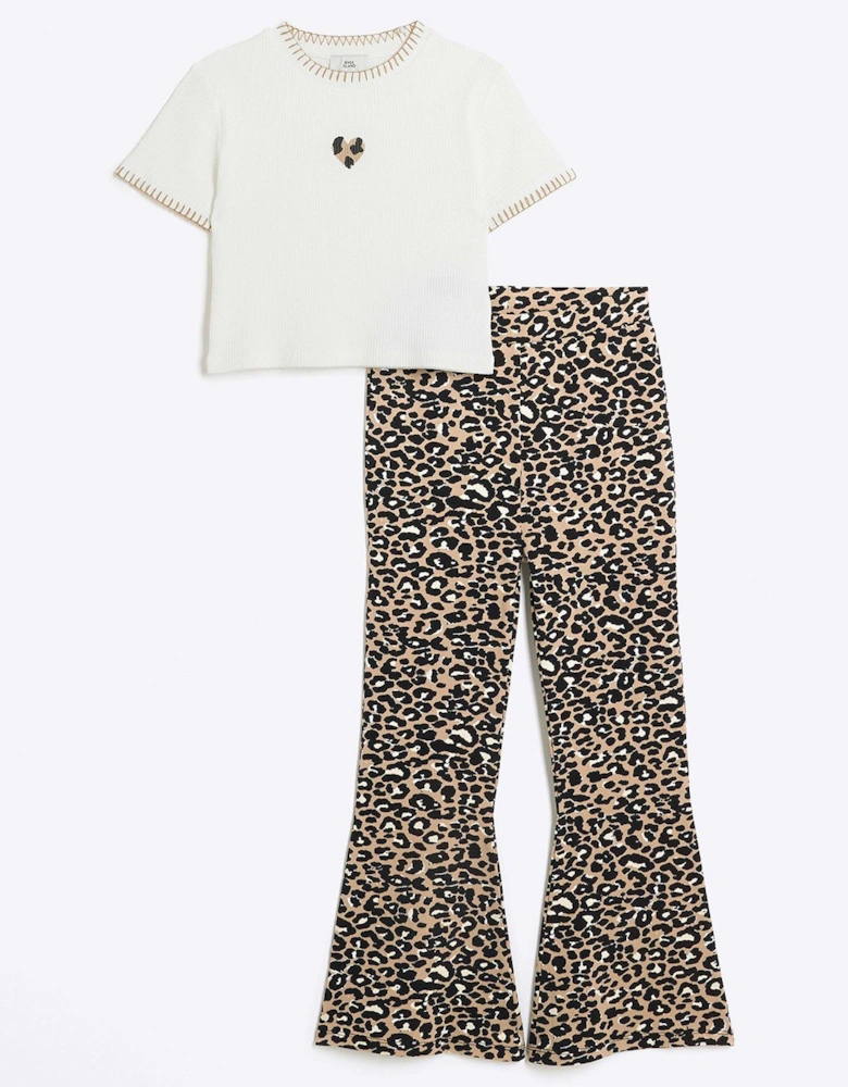 Girls Animal Print T-shirt And Trousers - Beige