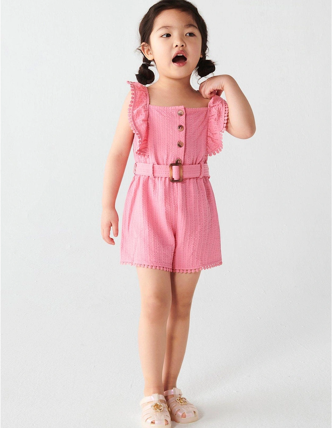 Mini Girls Textured Frill Playsuit - Pink, 2 of 1