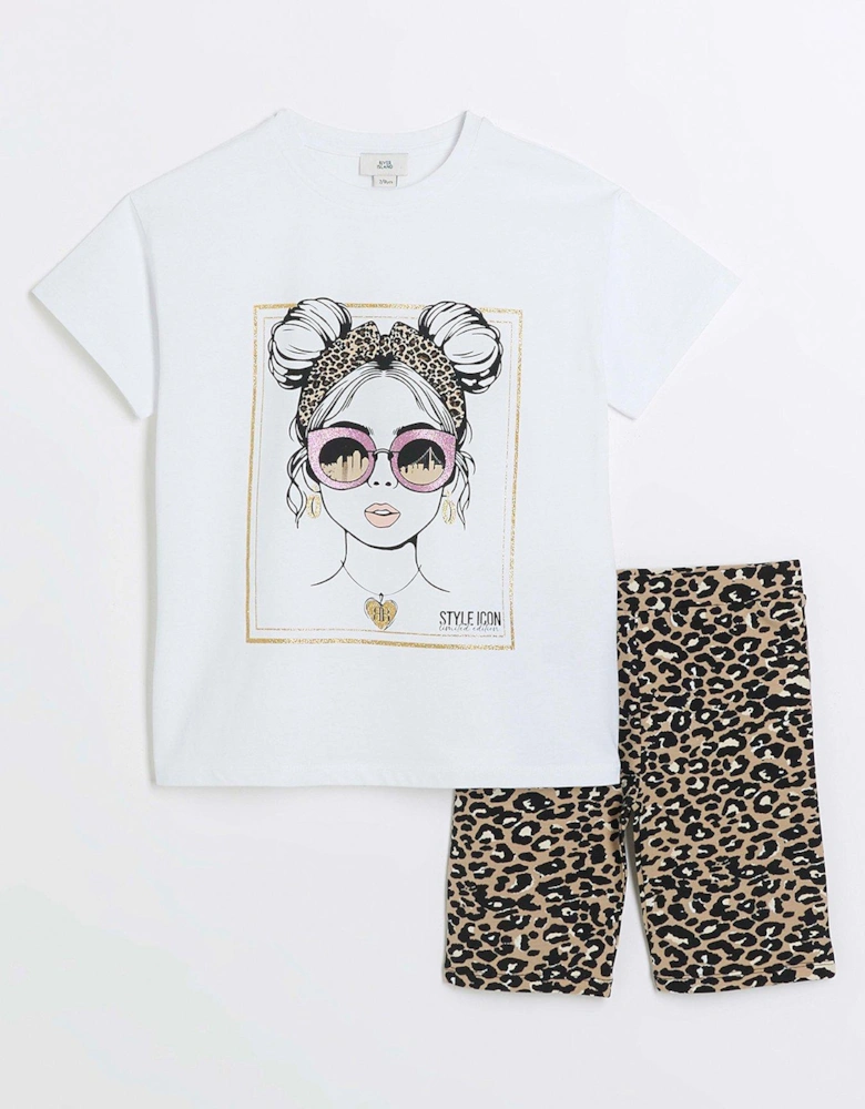 Girls Leopard Print T-shirt And Shorts - Beige