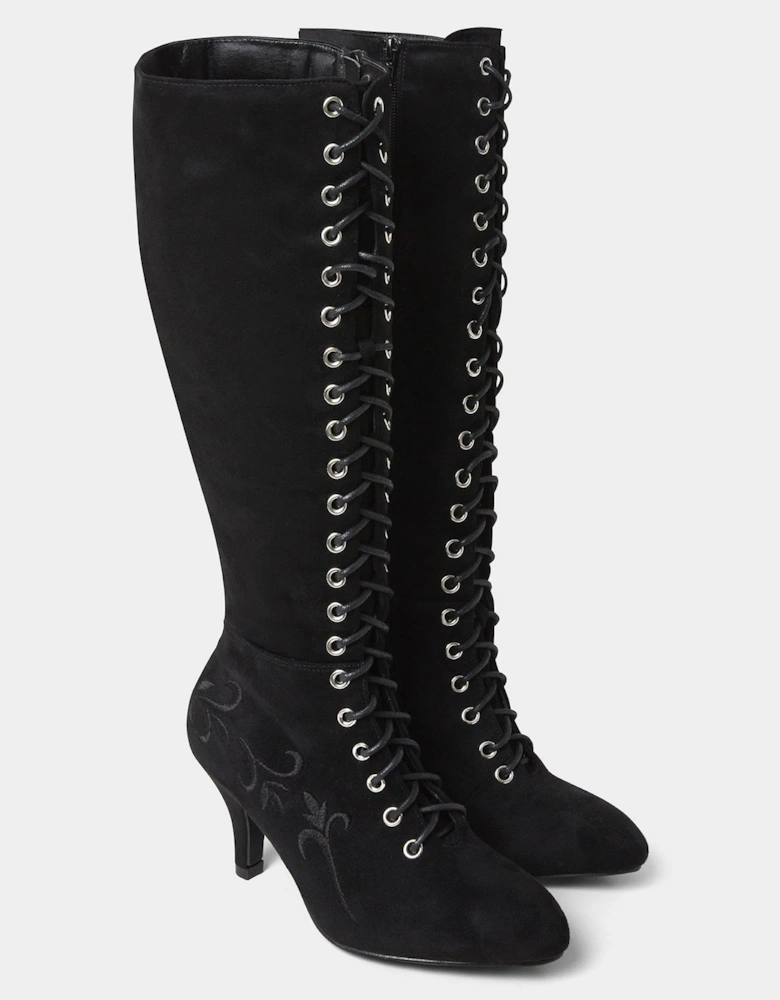 Layla Lace Up Embroidered Boots - Black