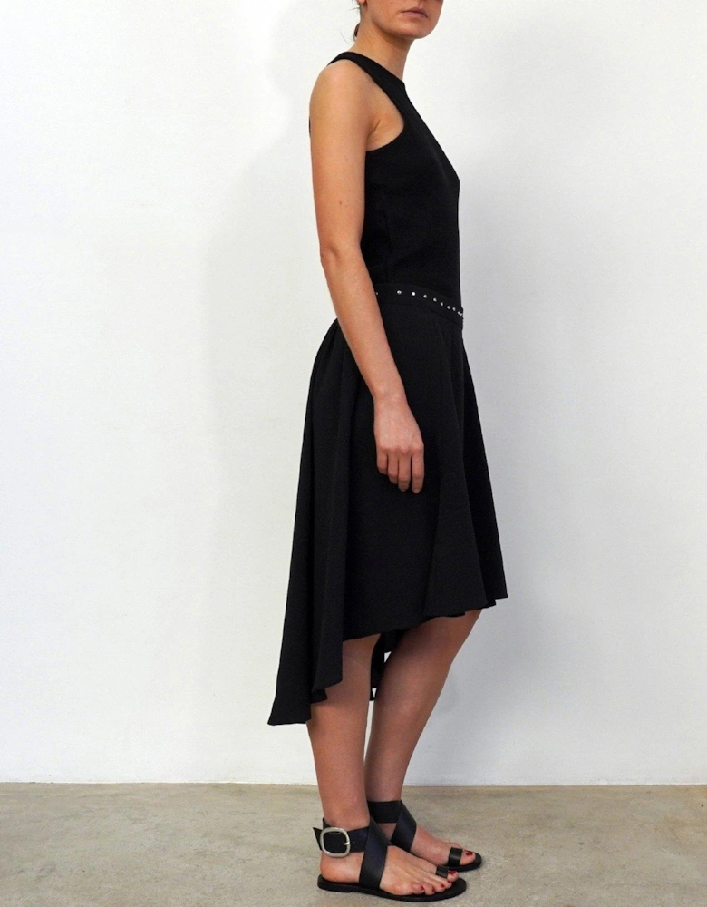 High Low Studded Waist Midi Skirt - Black