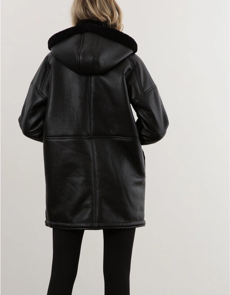 Black Shearling And Leather Look Hooded Coat - Black