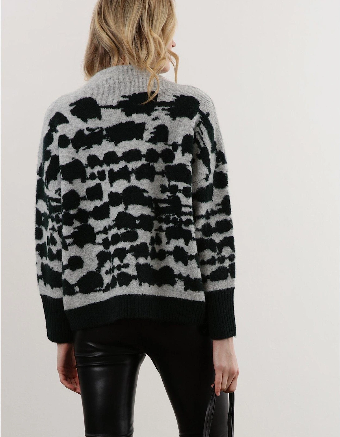 Oversized Cosy Printed Intarsia High Neck Jumper - Grey