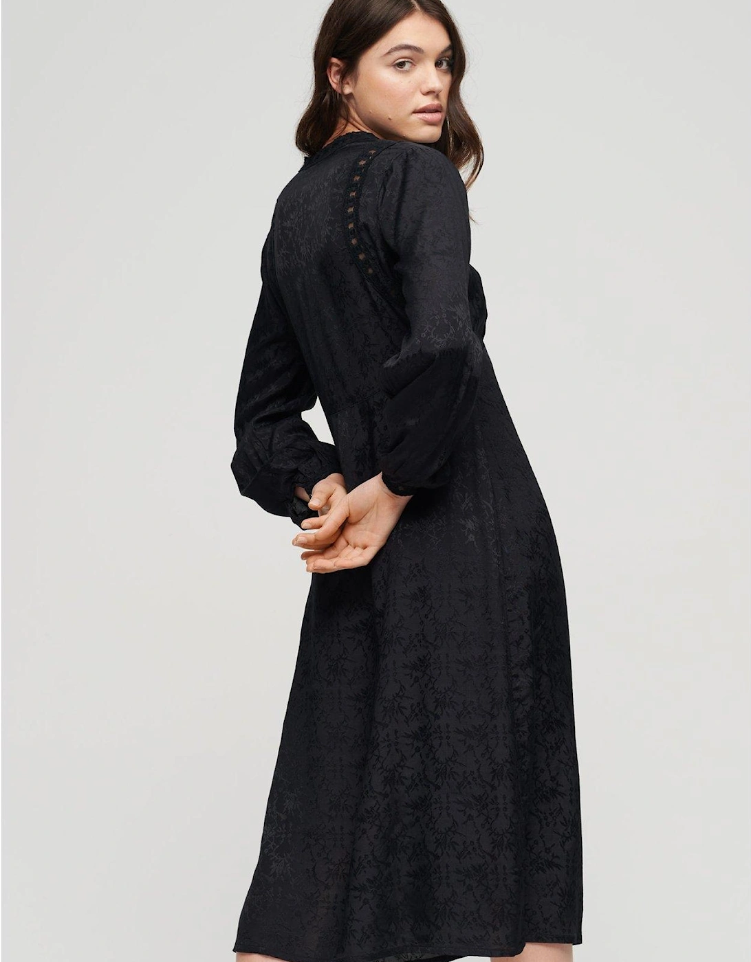Lace Trim Midi Dress - Black