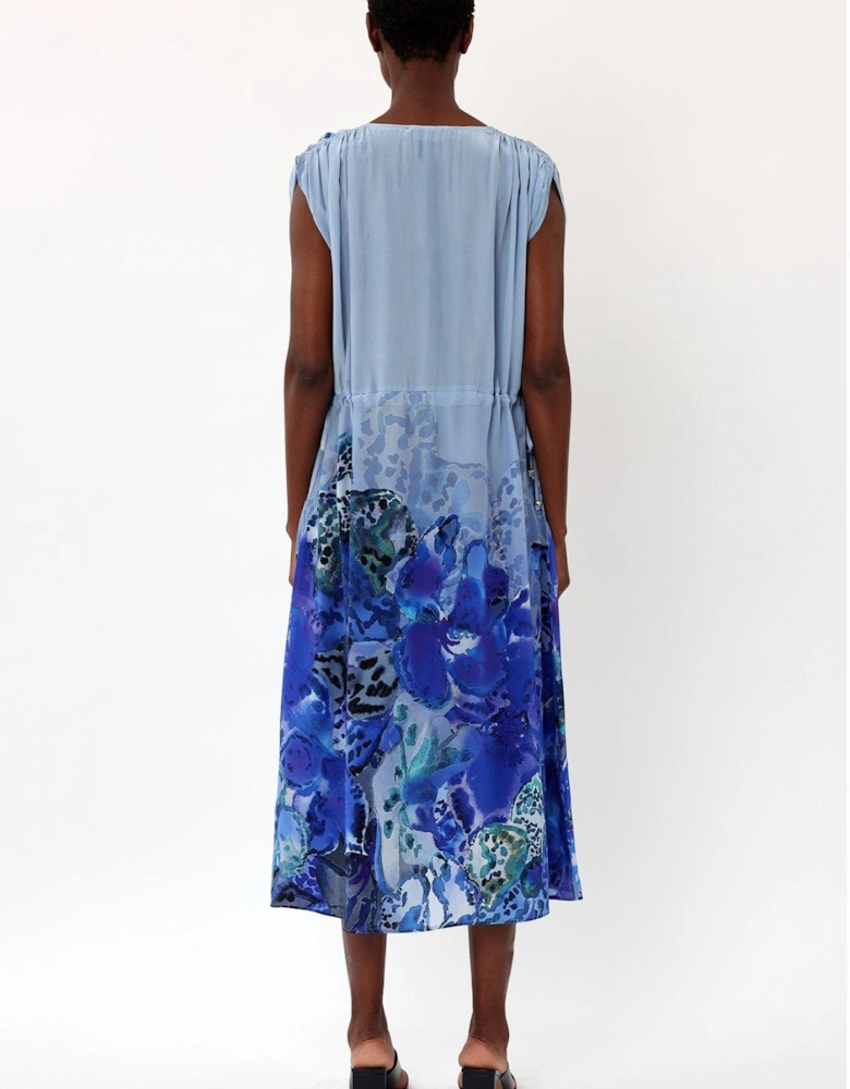 V Neck Midi Dress With Cinched Waist - Blue