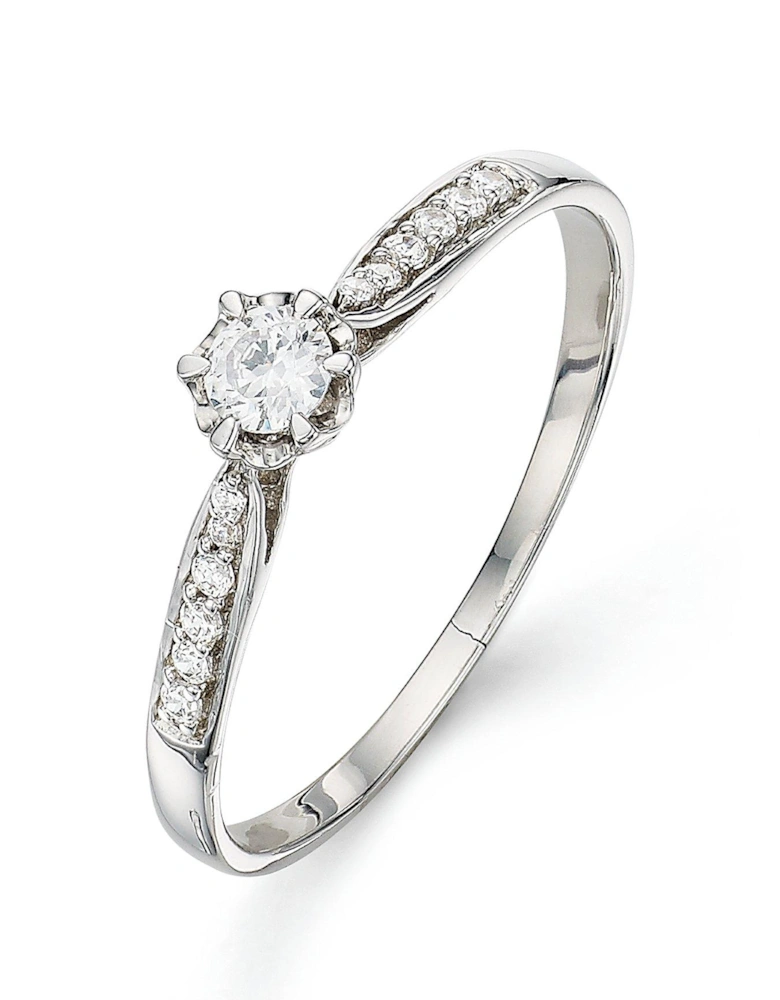 9 Carat White Gold 20 Points Diamond Solitaire Ring with Diamond Shoulders