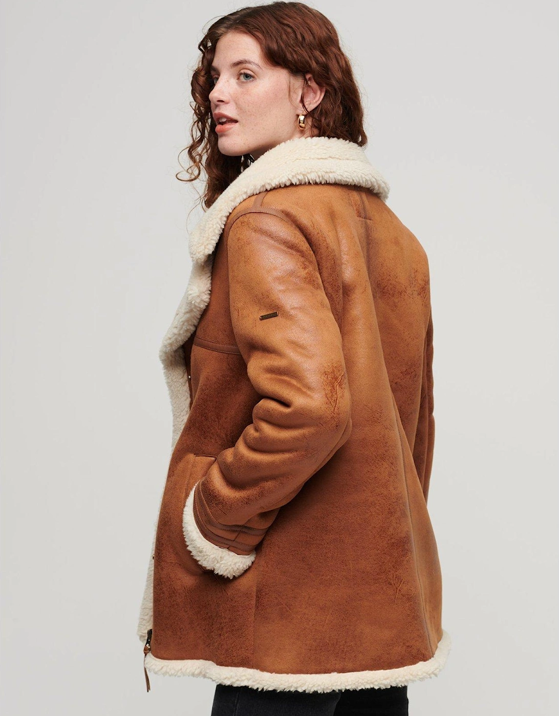 Faux Shearling Mid Jacket - Brown