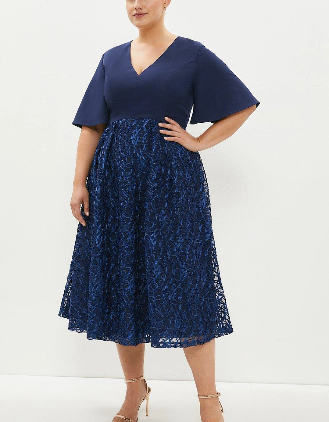 Plus Size Flare Sleeve Embroidered Midi Dress, 5 of 4