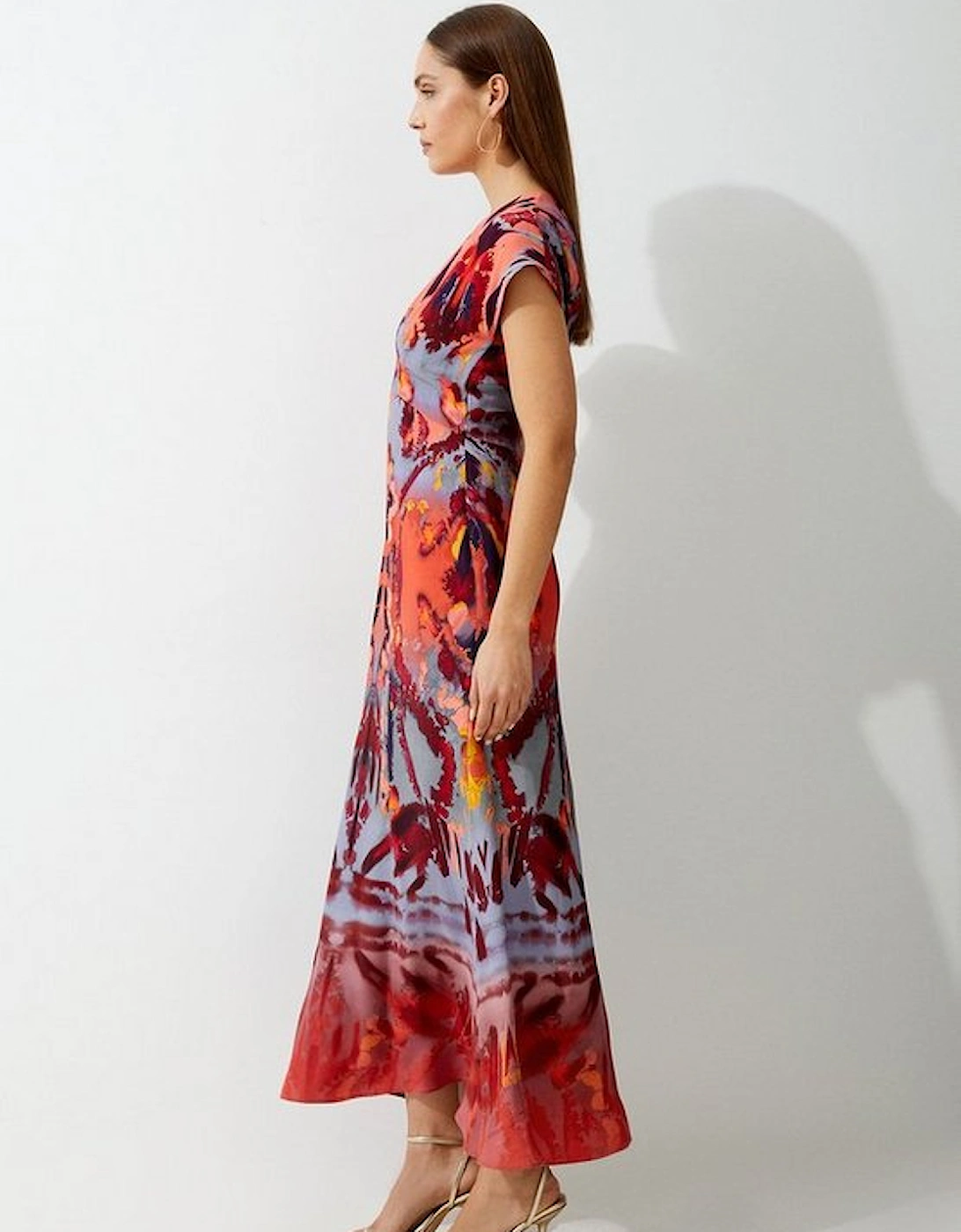 Petite Mirrored Print Satin Crepe Angel Sleeve Woven Maxi Dress