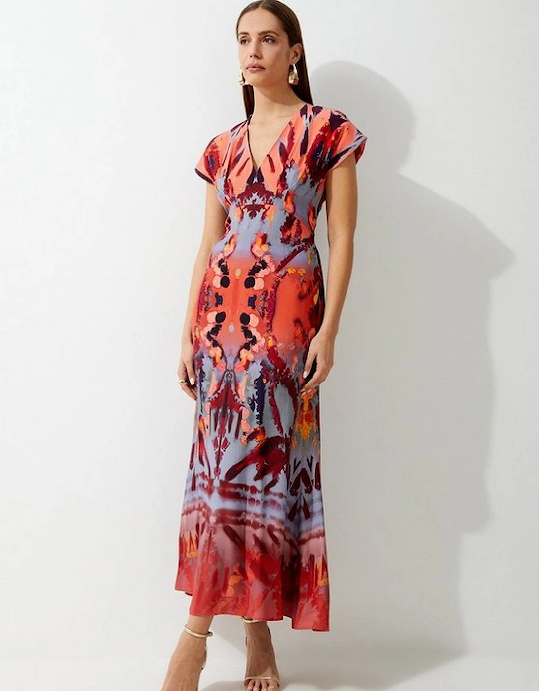 Mirrored Print Satin Crepe Angel Sleeve Woven Maxi Dress, 5 of 4