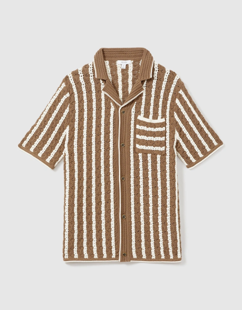 Oversized Crochet Striped Cuban Collar Shirt