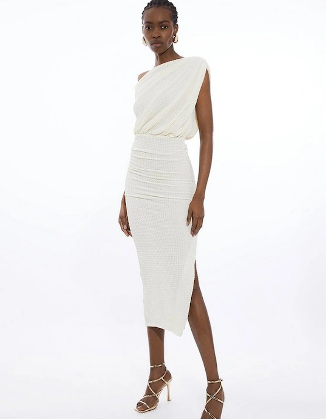 Petite One Shoulder Ruched Textured Jersey Midi Dress, 2 of 1