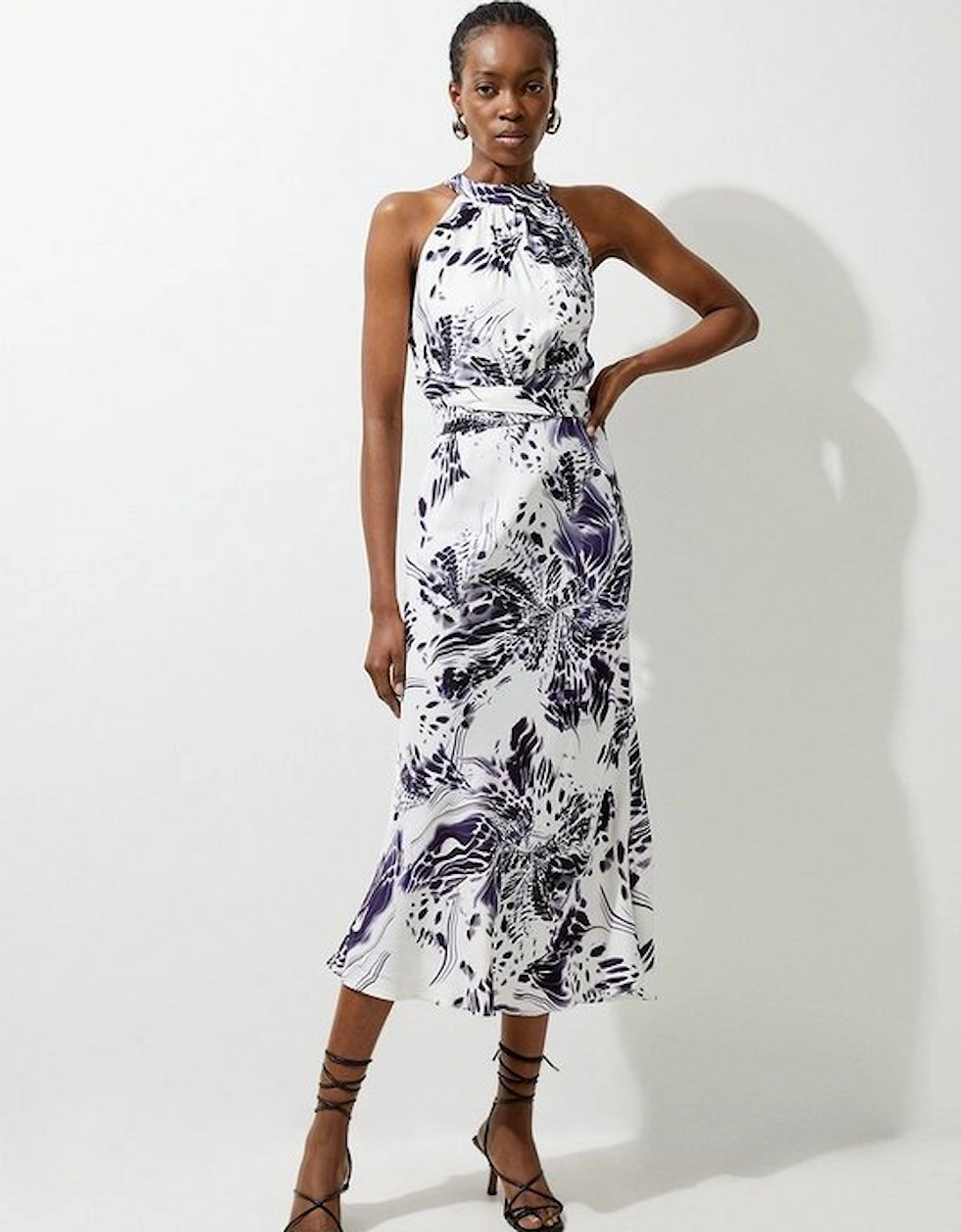 Abstract Floral Satin Woven Halter Midi Dress, 4 of 3