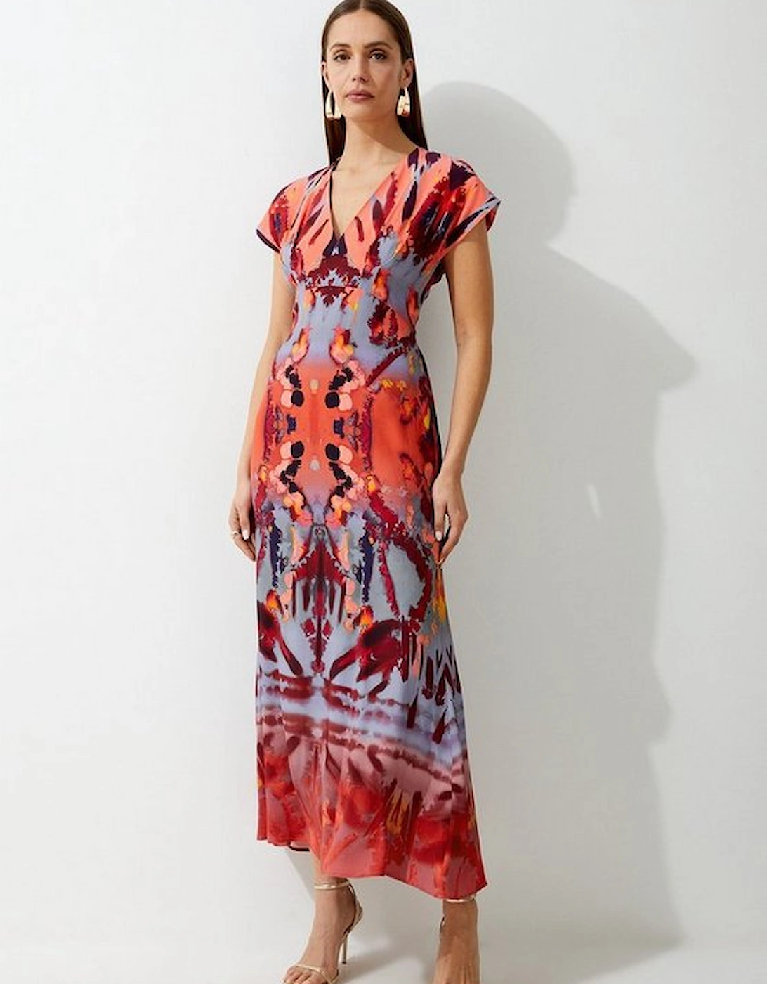 Petite Mirrored Print Satin Crepe Angel Sleeve Woven Maxi Dress, 5 of 4