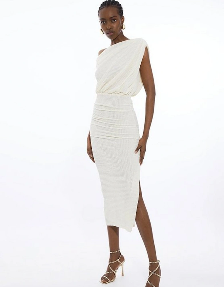 One Shoulder Ruched Textured Jersey Midi Dress