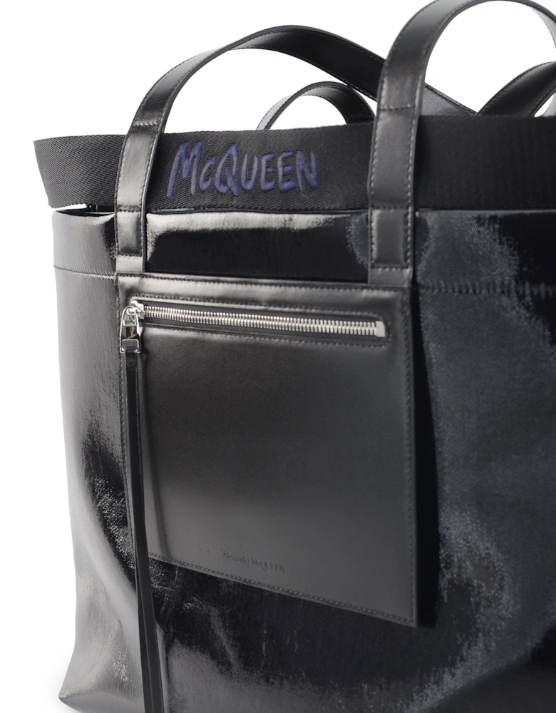 Shiny Coated Canvas Shopper Bag Black