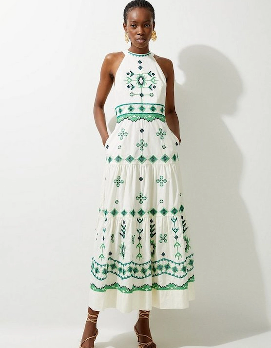Cotton Embroidered Woven Halter Maxi Dress, 5 of 4