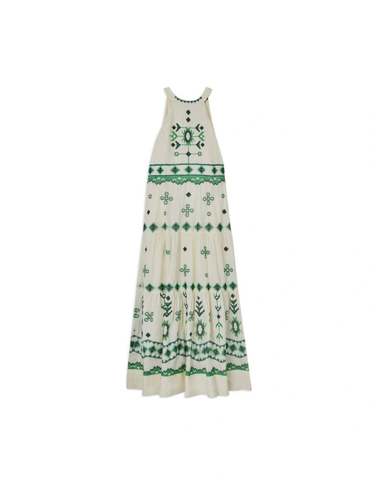 Cotton Embroidered Woven Halter Maxi Dress