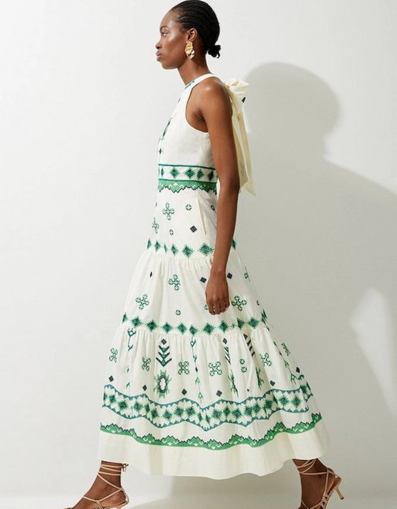Cotton Embroidered Woven Halter Maxi Dress