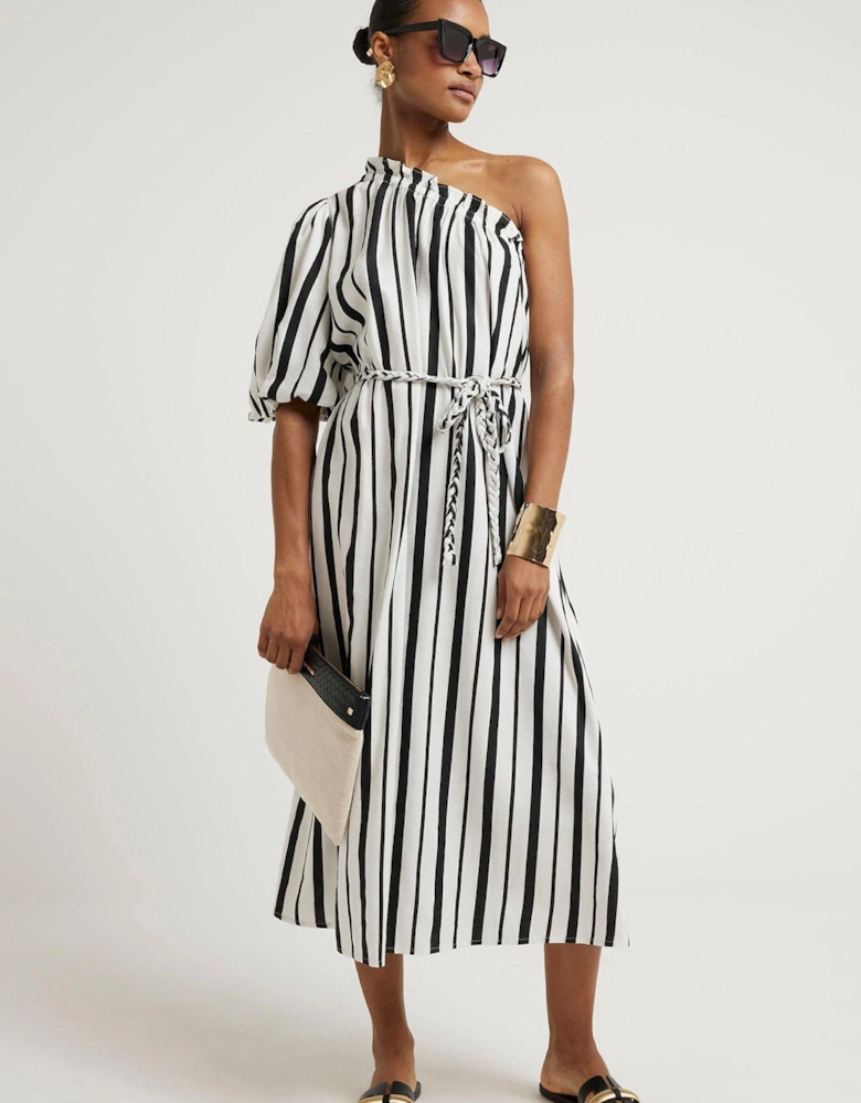 One Shoulder Stripe Midi Dress - Black