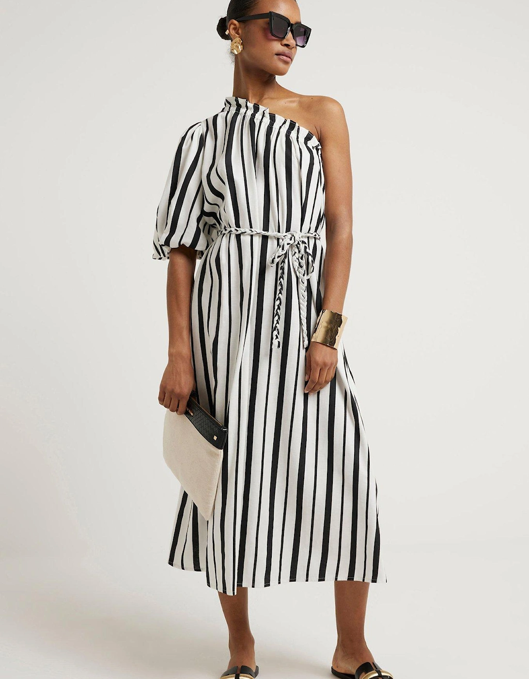 One Shoulder Stripe Midi Dress - Black, 6 of 5