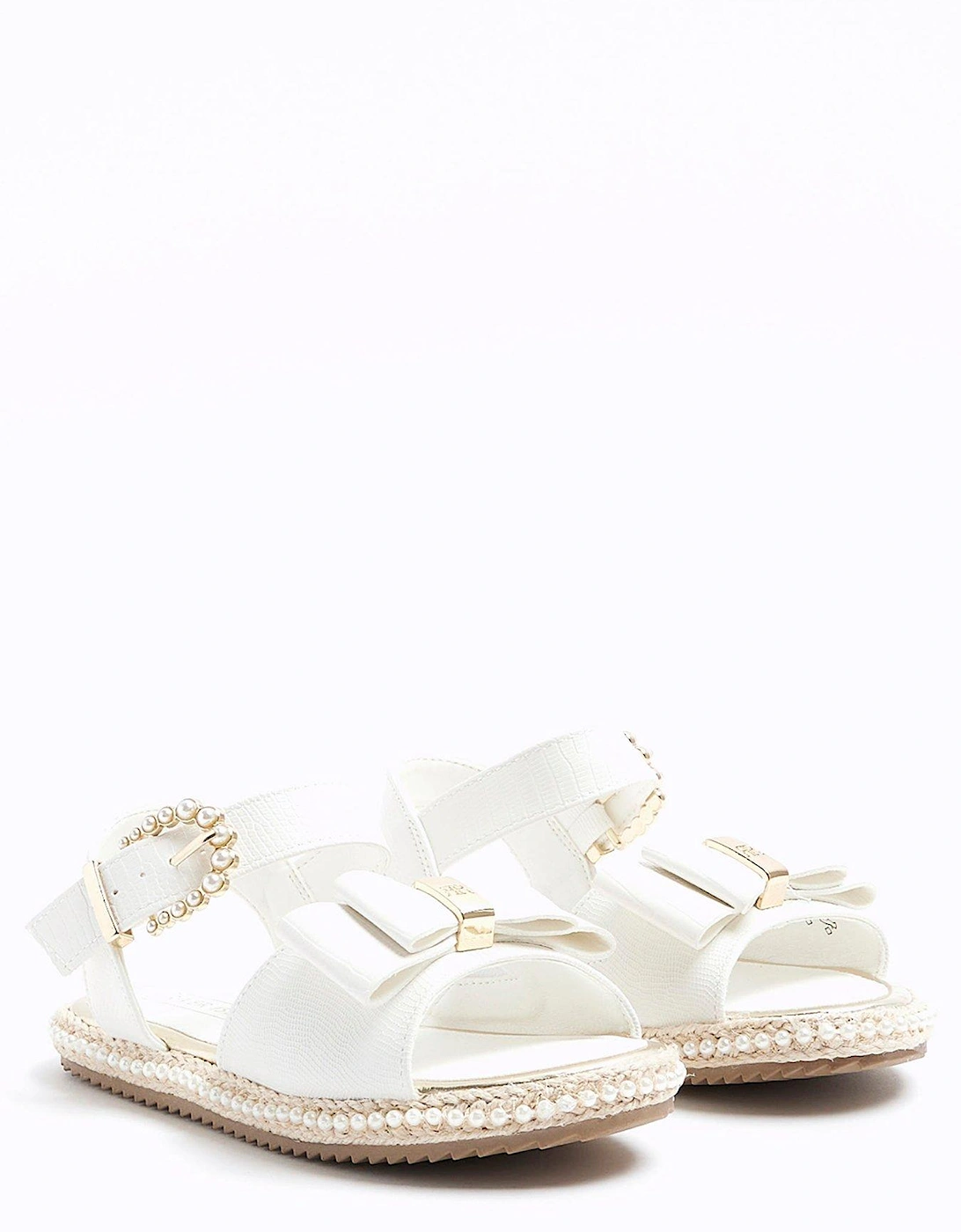 Girls Pearl Trim Bow Sandals - White