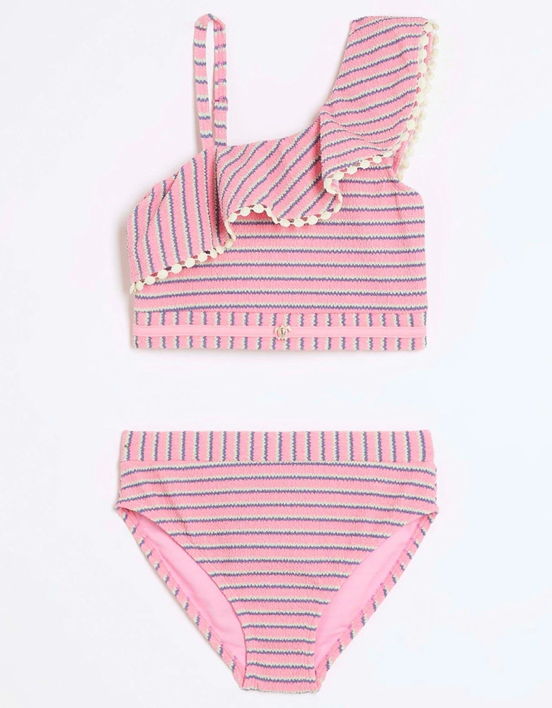 Girls Striped Frill Bikini Set - Pink