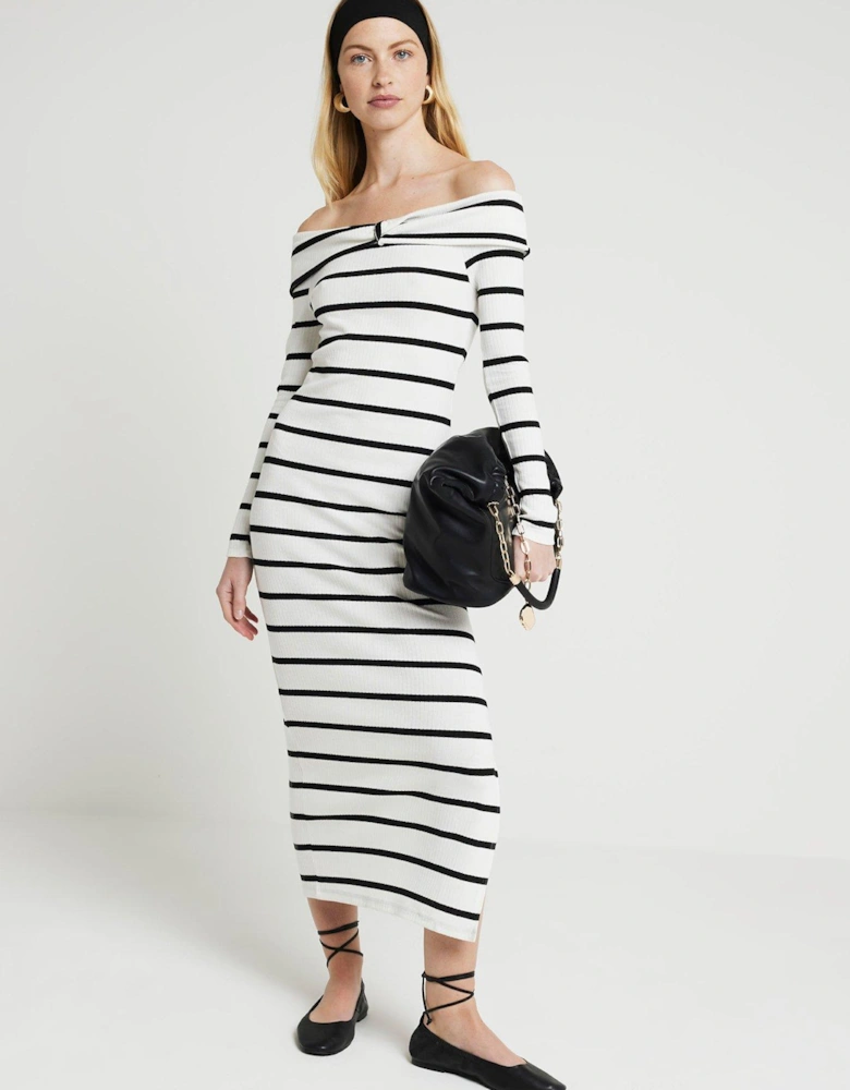 Stripe Bardot Midi Dress - White