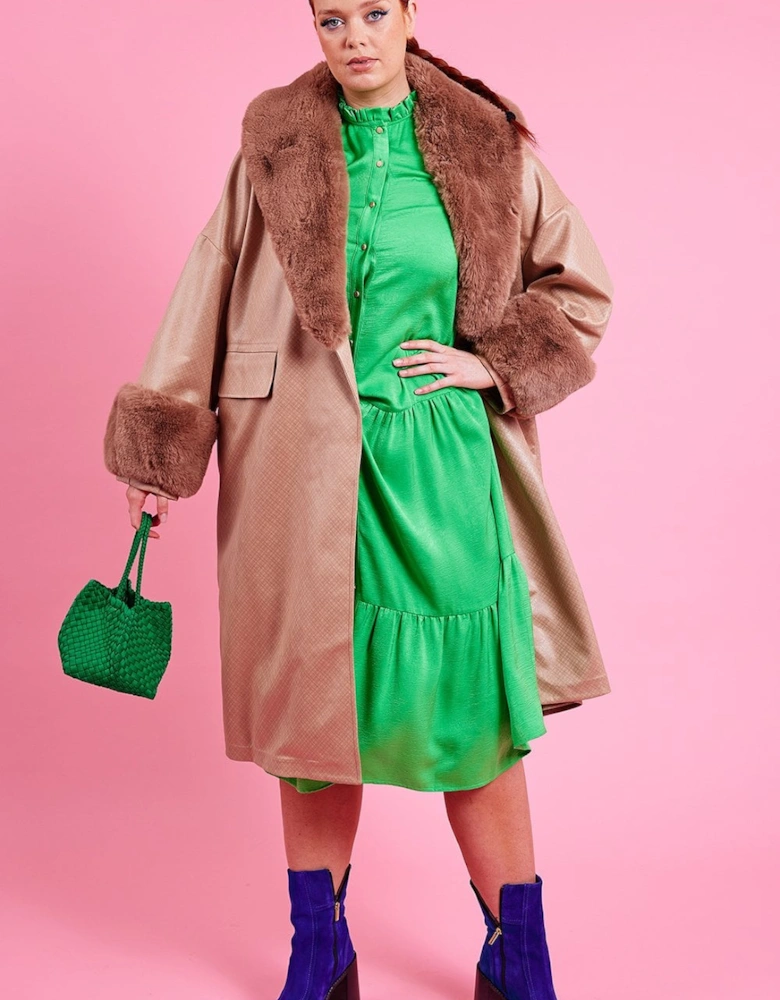 Faux Leather Coat with Detachable Faux Fur Collar and Cuffs