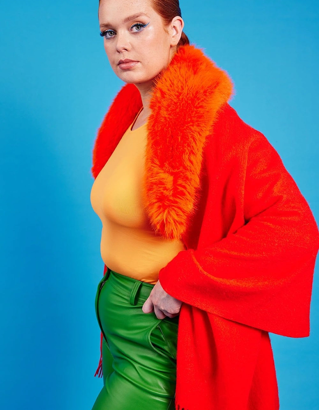 Wool Wrap with Orange Detachable Faux Fur Collar