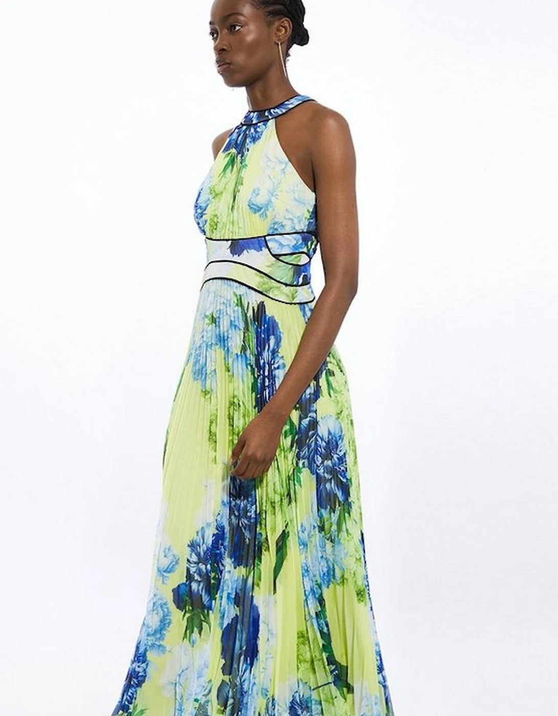Floral Pleated Crinkle Halter Woven Maxi Dress