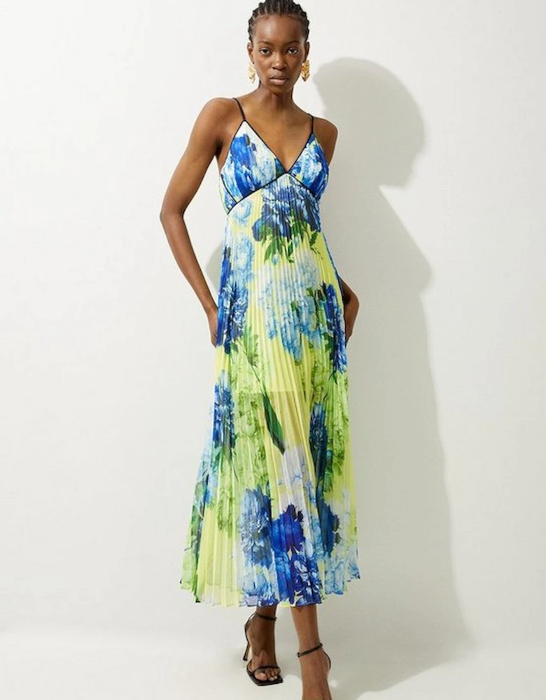 Floral Pleated Crinkle Strappy Woven Midi Dress