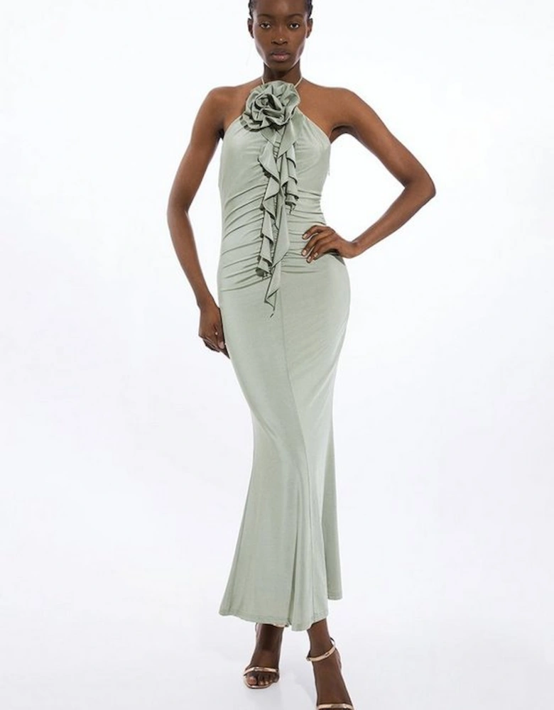 Backless Tie Rosette Slinky Jersey Maxi Dress