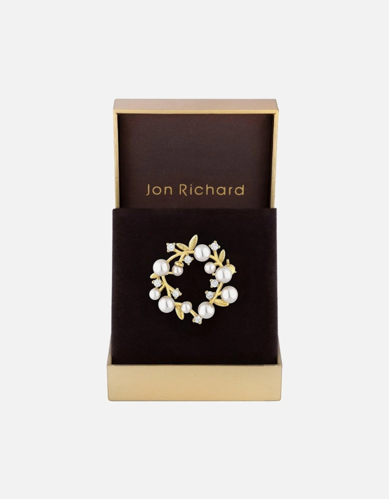 Gold Plated Pearl And Cubic Zirconia Crystal Wreath Brooch - Gift Boxed
