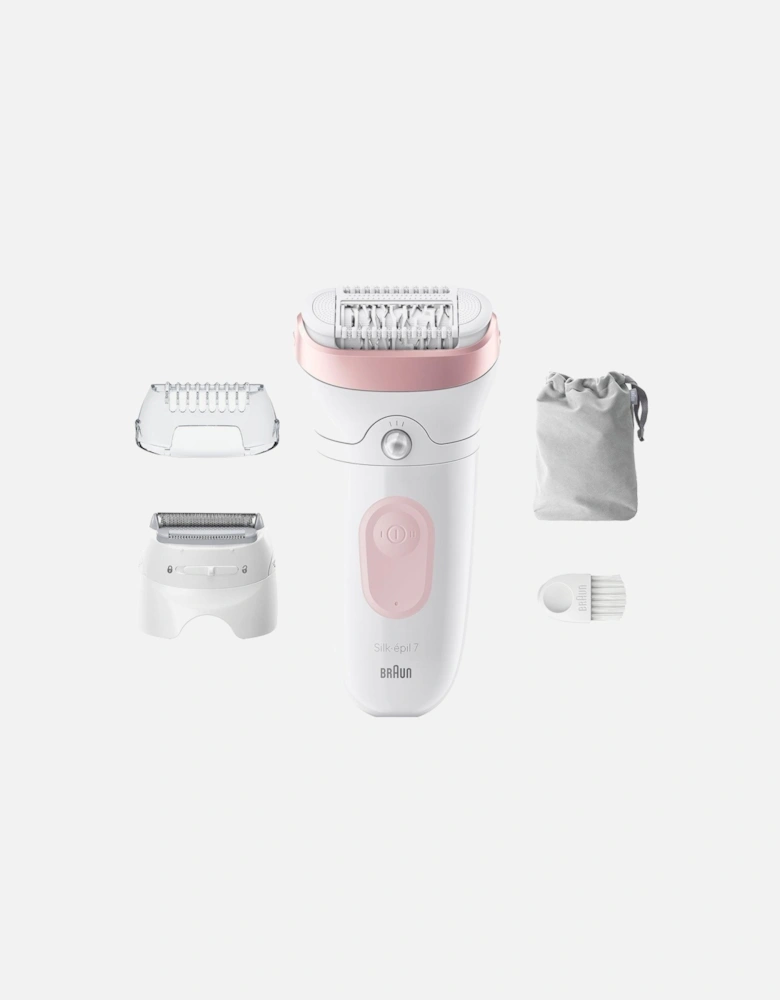 Silk-epil 7 Epilator with Lady Shaver Head & Trimmer Comb 7-030 White/Flamingo