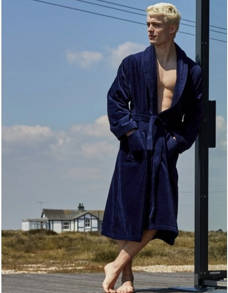Cotton Velour Towelling Dressing Gown, Navy